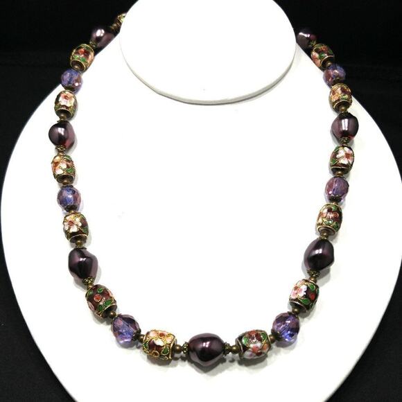 Purple Cloisonne Beaded Necklace, Faux Purple Pearls Czech Faceted Beads, 21 In. - Picture 2 of 8